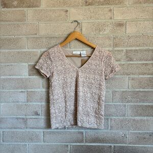 worthington cream floral embroidered short sleeve shirt
